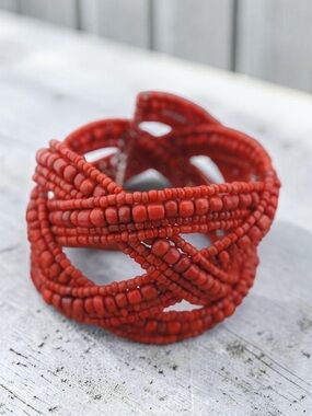 Vintage Red Seed Bead Cuff Bangle Bracelet Handmade